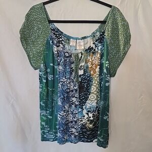 Bila Blouse Top XL Blue Floral Sequins Short Slv Boho Peasant Beach Summer Tie